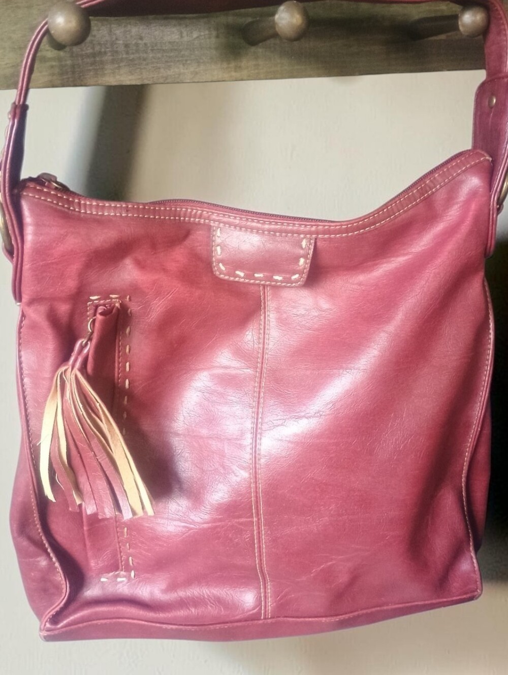 Nine & Company Burgundy Faux Leather Hobo Shoulder Bag Tassel Accent Large Purse